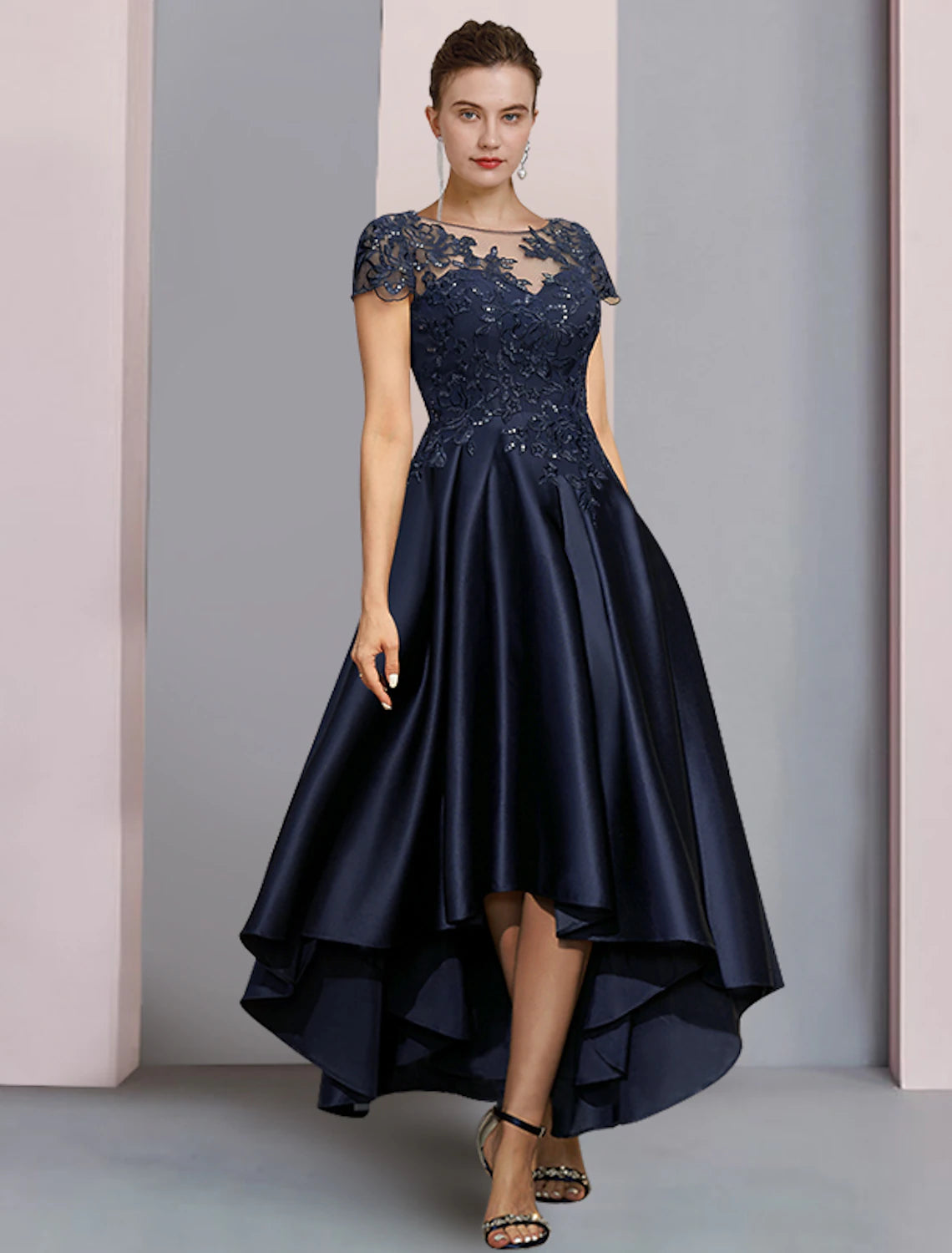 A-line scoop neck high-low mother of the bride dress with half sleeves and sequin appliques