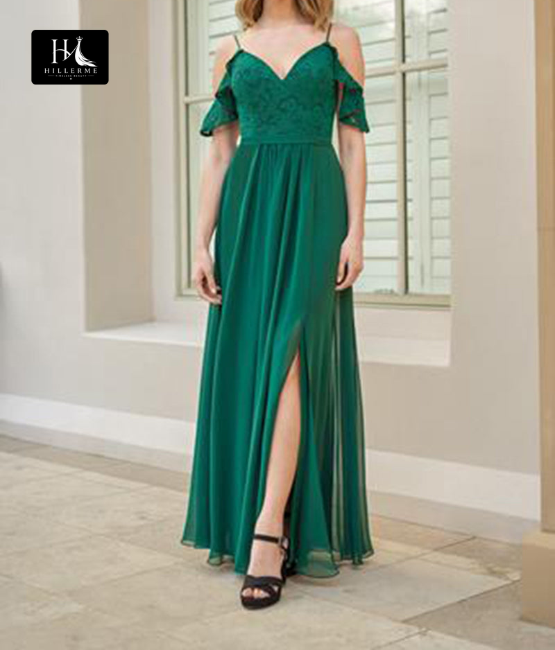 B5103 - A-Line Bridesmaid Dress with Cap Sleeves, V-Neck, and Slit Detailing