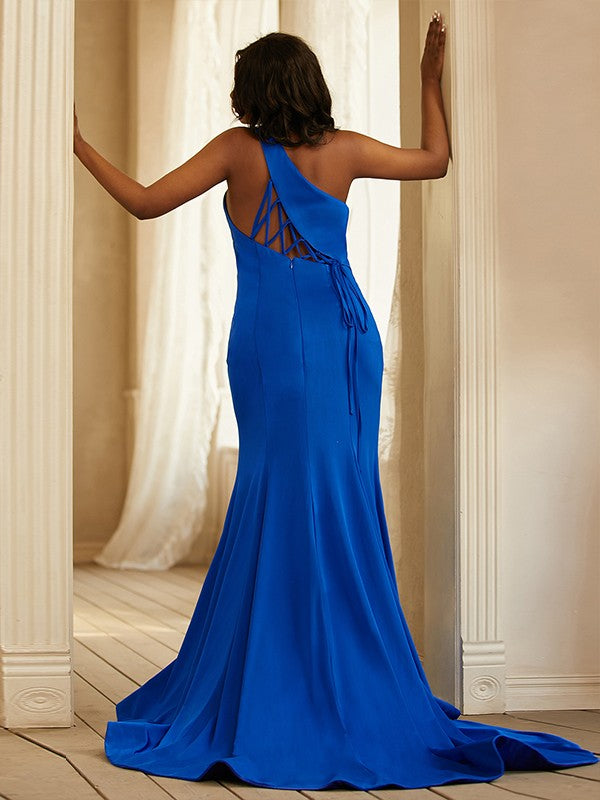 Sleeveless one-shoulder jersey prom dress with ruffle detail and sweep train
