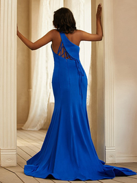 Sleeveless one-shoulder jersey prom dress with ruffle detail and sweep train