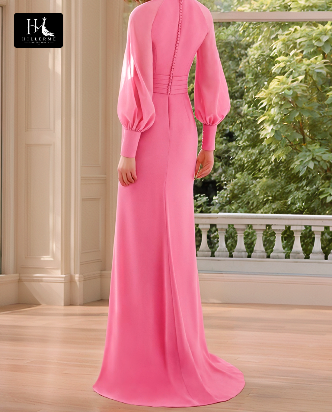 V-Neck Long-Sleeve Pleated Floor-Length Chiffon Mermaid Mother of the Bride Dress with High Slit