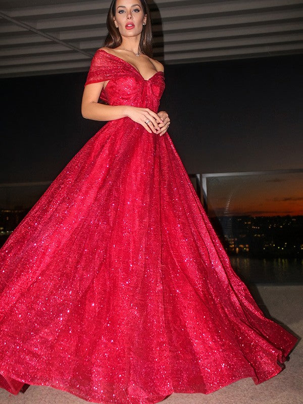 Sleeveless red floor-length ball gown prom dress with ruffled detailing