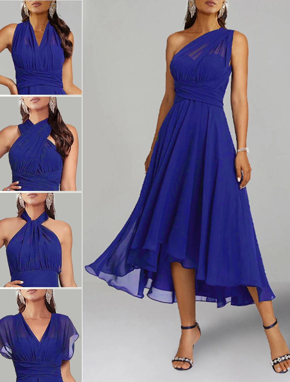 Tea-length A-line wedding guest dress in ruched chiffon with one-shoulder neckline