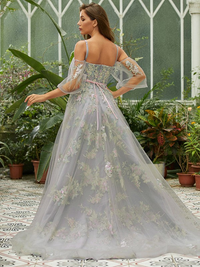 A-line tulle applique prom dress featuring sweep brush train