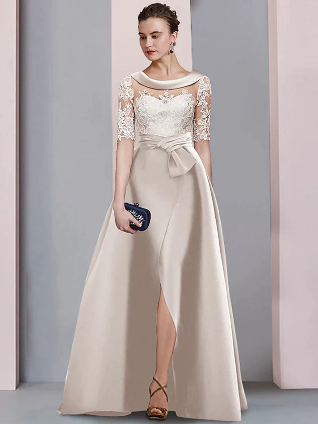 Front view of A-line satin and lace mother of the bride dress with scoop neck, half sleeves, and split front
