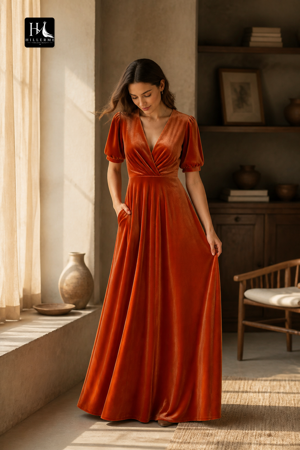 B5104 - Classic A-Line V-Neck Short Sleeve Velvet Bridesmaid Dress with Pleated Detailing