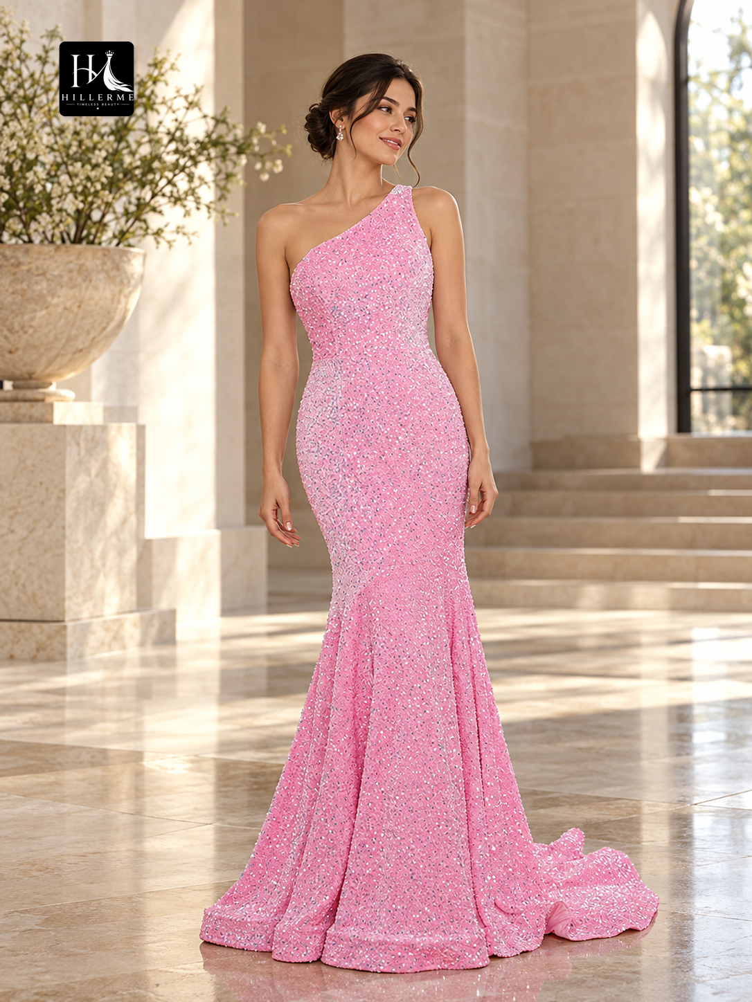 One-Shoulder Ruched Velvet and Sequin Sheath Prom Dress with Sweep Train