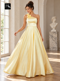 One-Shoulder Satin A-Line Floor-Length Prom Dress with Hand-Made Flower