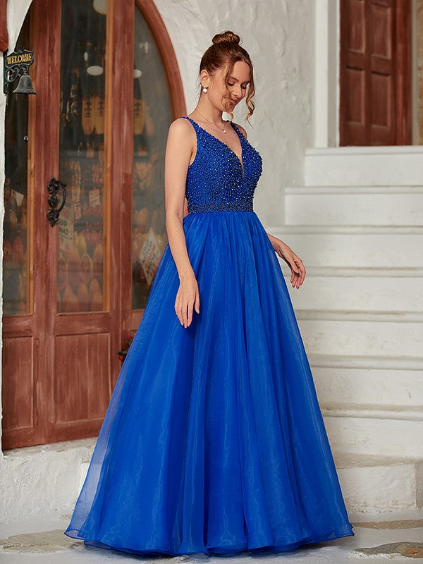 Sleeveless V-neck organza prom dress in floor-length A-line silhouette