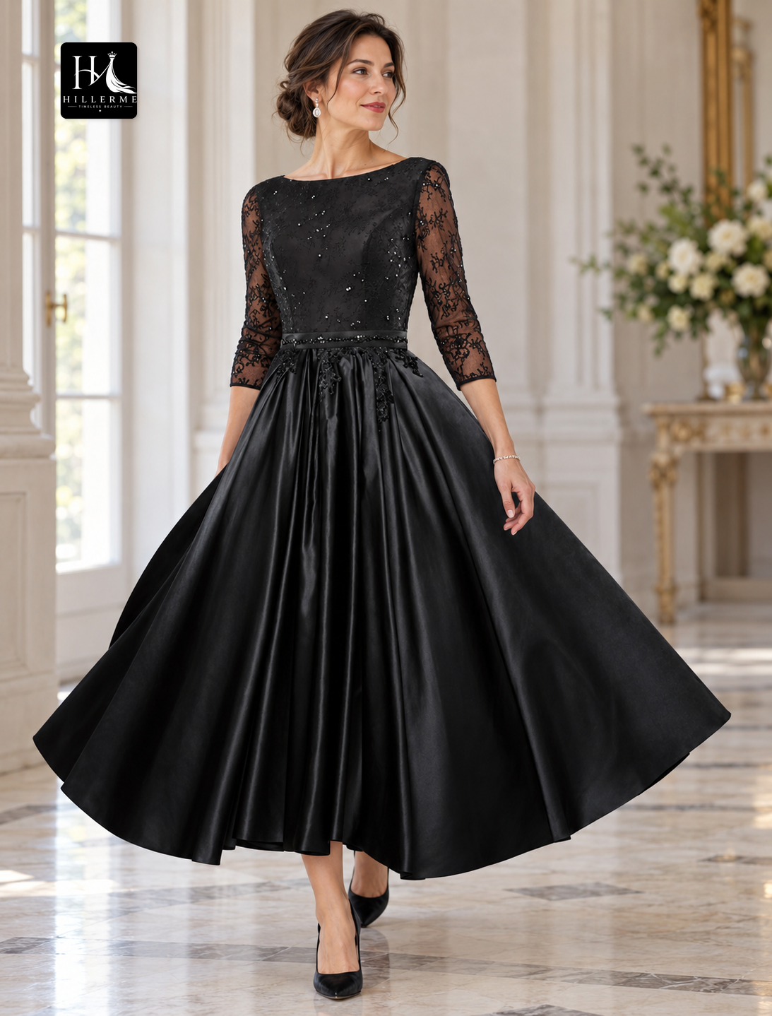 A-Line Tea-Length Satin and Lace Mother of the Bride Dress with 3/4 Sleeves