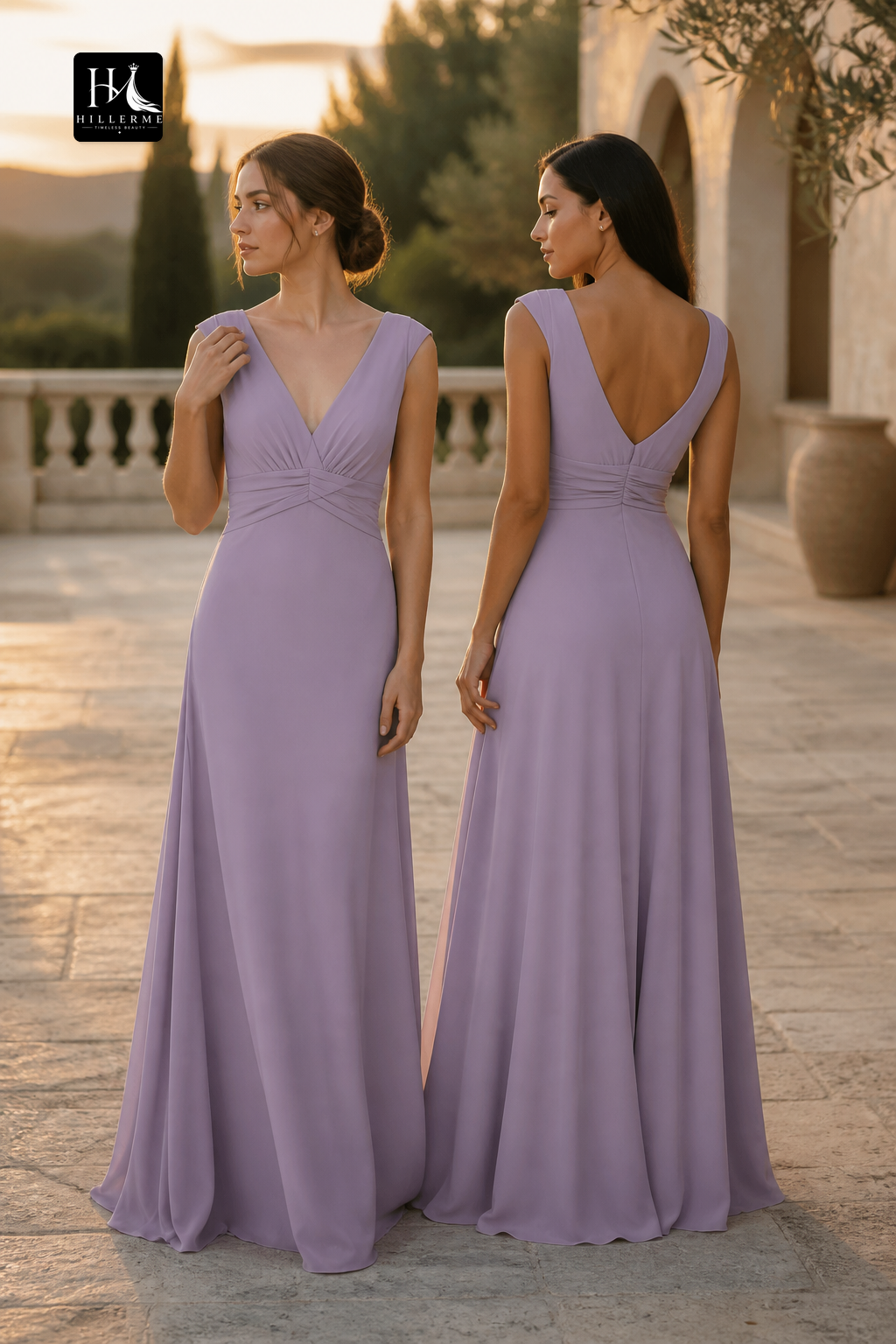 B5114 - V-Neck Satin Bridesmaid Dress with Pleated Sleeves and A-Line Silhouette