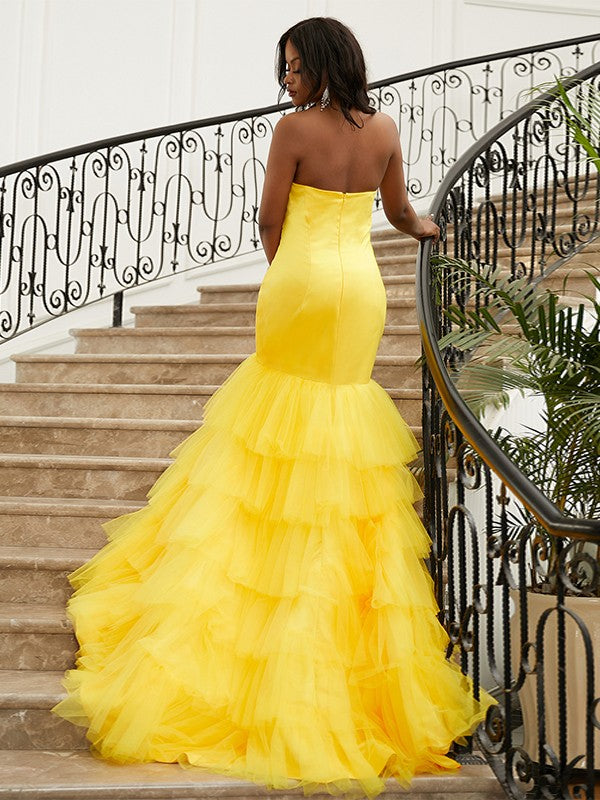 Layered satin trumpet/mermaid prom dress with sweetheart neckline