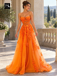 A-Line Sweetheart Sleeveless Applique Tulle Prom Dress with Sweep Train