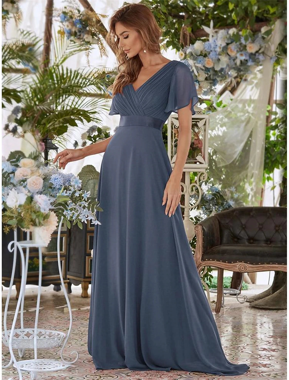 A-line chiffon formal dress with short sleeves and ruffled V-back