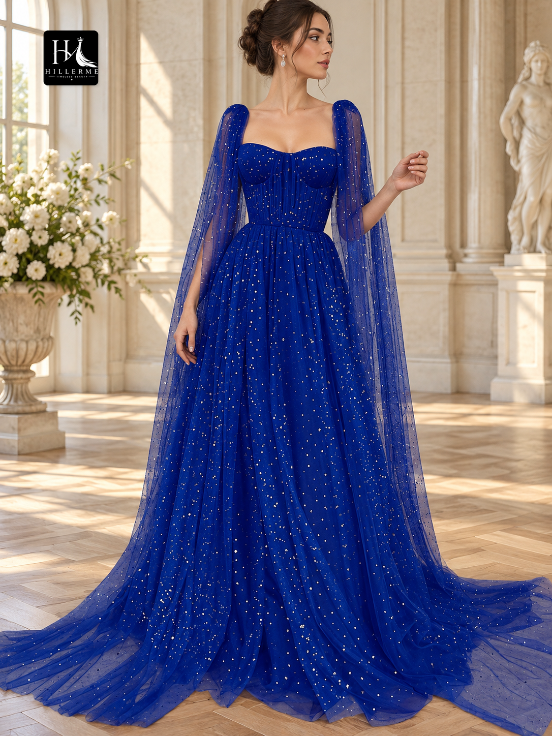 A-Line Square Neck Long Sleeve Prom Dress with Ruffles and Sweep Train