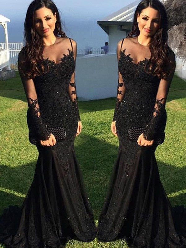 Trumpet/mermaid long sleeves sheer neck applique tulle prom dress with sweep train