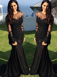 Trumpet/mermaid long sleeves sheer neck applique tulle prom dress with sweep train