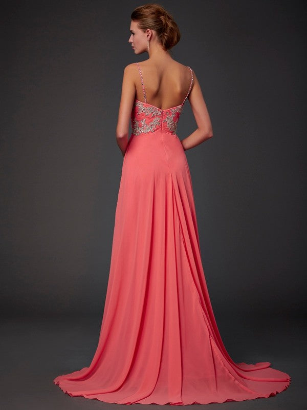 A-Line sleeveless chiffon dress with lace bodice and sweep brush train