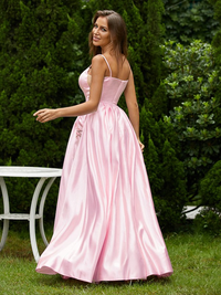 Sleeveless A-line satin floor-length prom dress with applique detailing