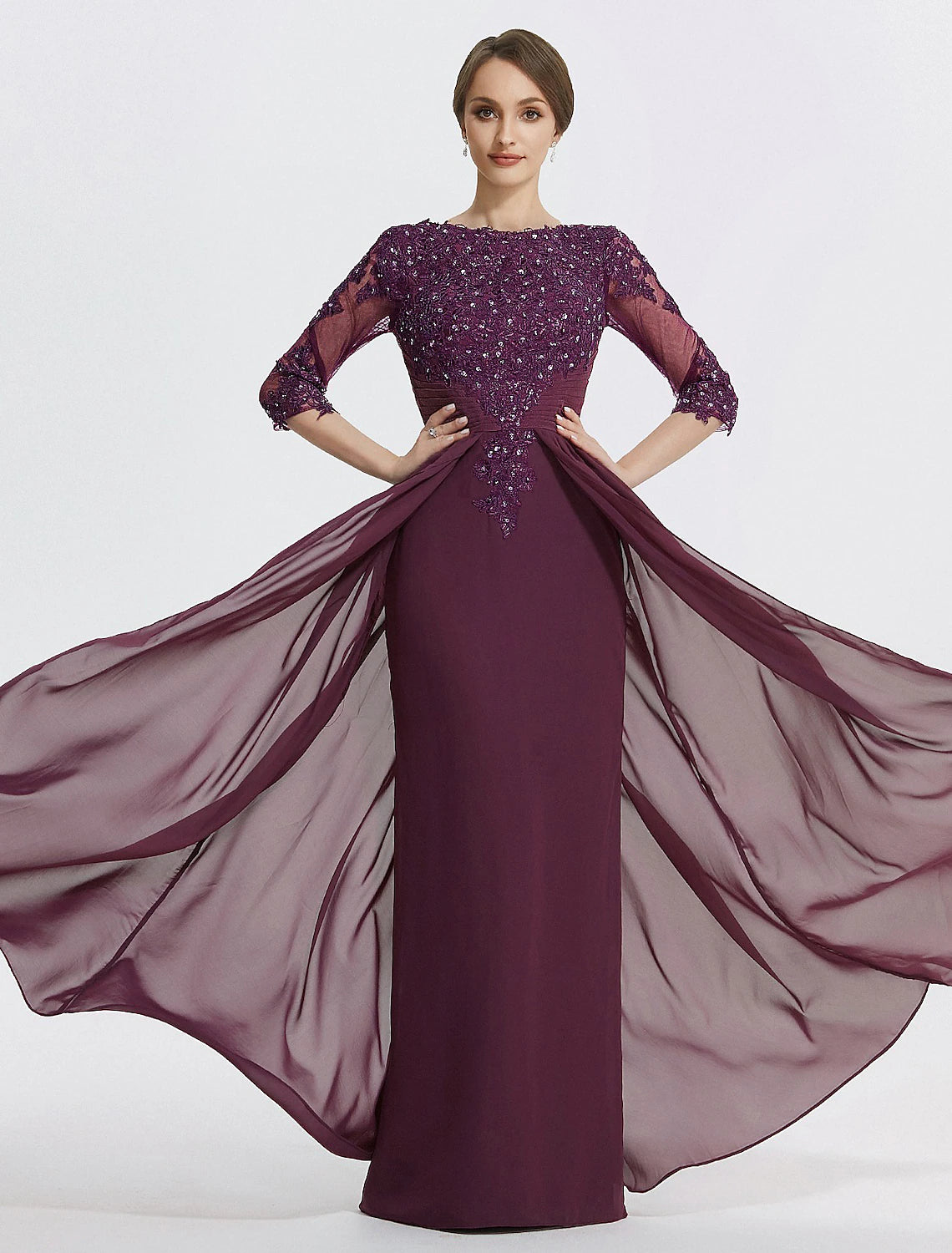 Sheath Mother of the Bride dress in Grape with overskirt, sequin lace appliques, and 3/4 sleeves