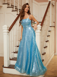 A-line sleeveless sequin prom dress with ruffles and spaghetti straps