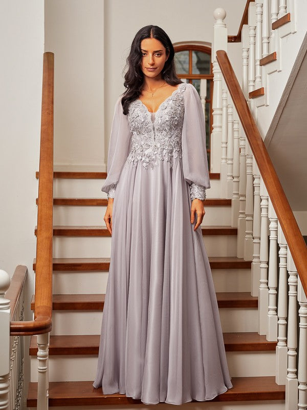 A-line V-neck long sleeve prom dress in 30D chiffon with applique accents