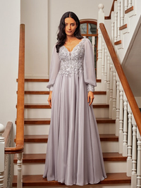 A-line V-neck long sleeve prom dress in 30D chiffon with applique accents