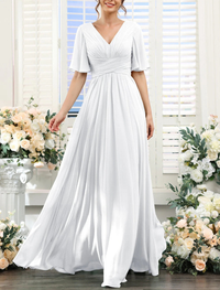 Close-up detail of V-neck bodice with short sleeves and ruching on chiffon bridesmaid dress