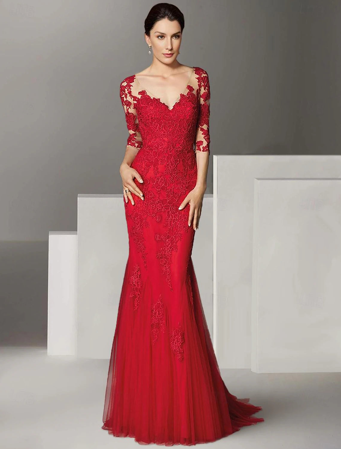 V-neck lace and tulle mermaid mother of the bride dress with half illusion sleeves