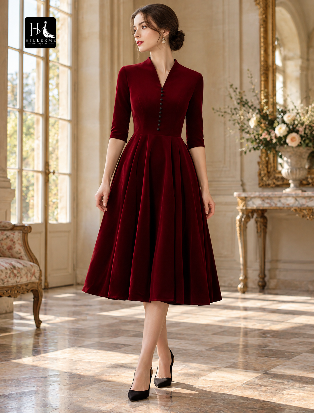 Vintage Velvet Tea-Length A-Line Cocktail Dress with Half Sleeves and V-Neck