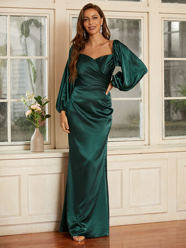 Ruched long-sleeve silk-like satin column prom dress with V-neckline