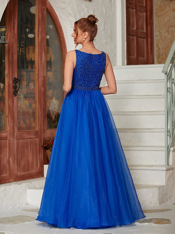 Floor-length A-line organza prom dress featuring a V-neckline and beading