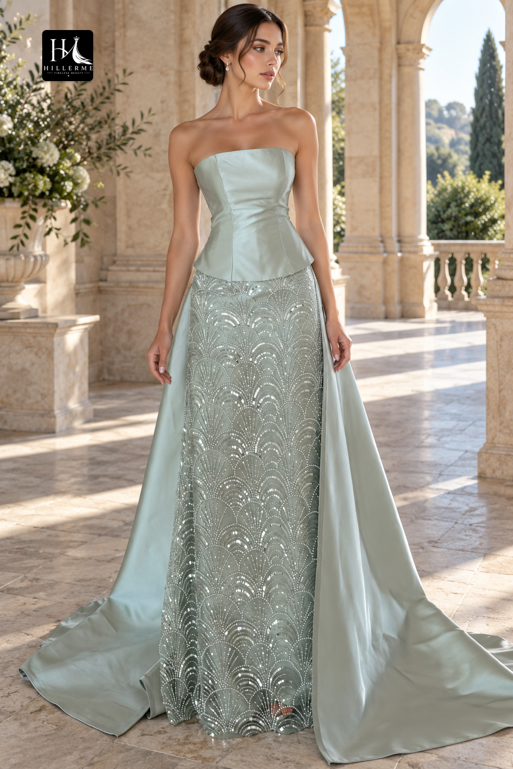 Strapless Beaded Scallop Gown with Satin Overskirt Train