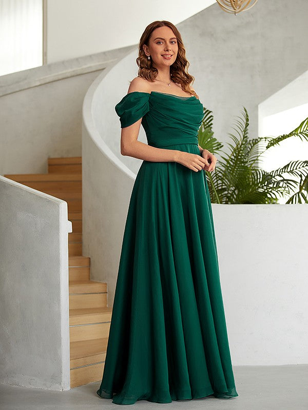 Ruched 30D chiffon floor-length A-line prom dress