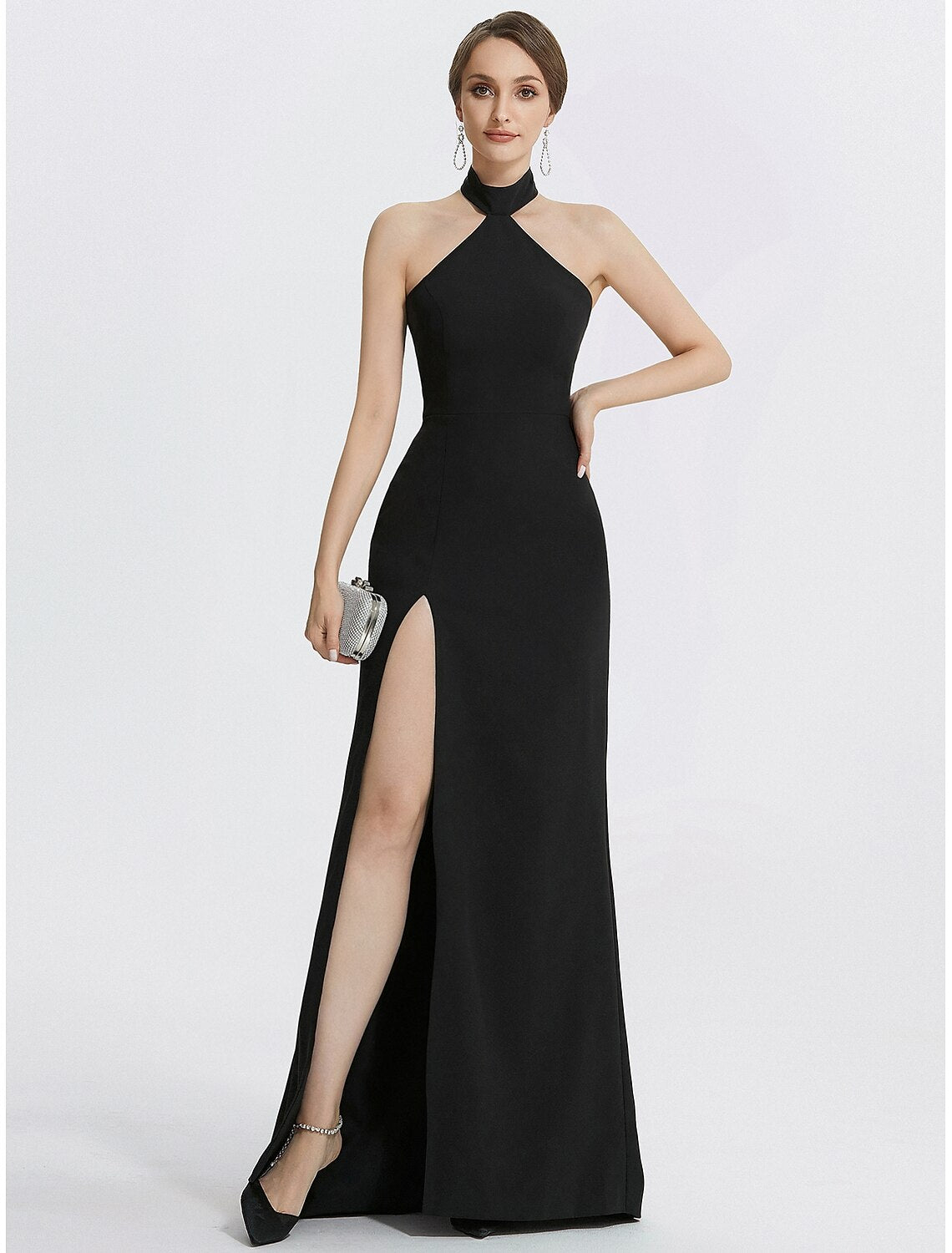 Black halter neck sleeveless sheath evening gown with ruched detailing