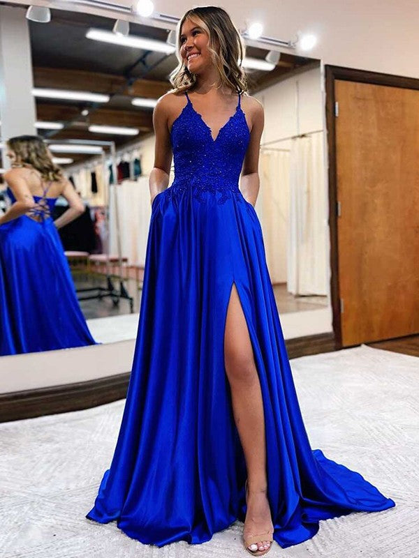 A-line V-neck sleeveless elastic woven satin prom dress with applique detailing and sweep train