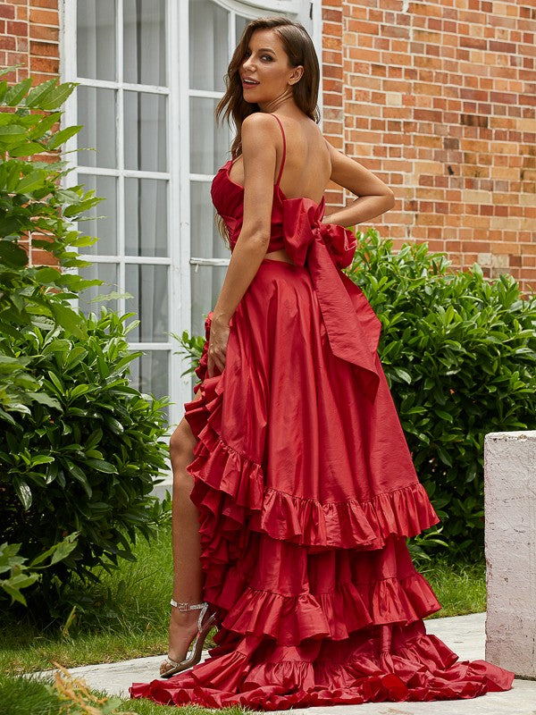 Sleeveless V-neck taffeta A-line prom dress with asymmetrical layers