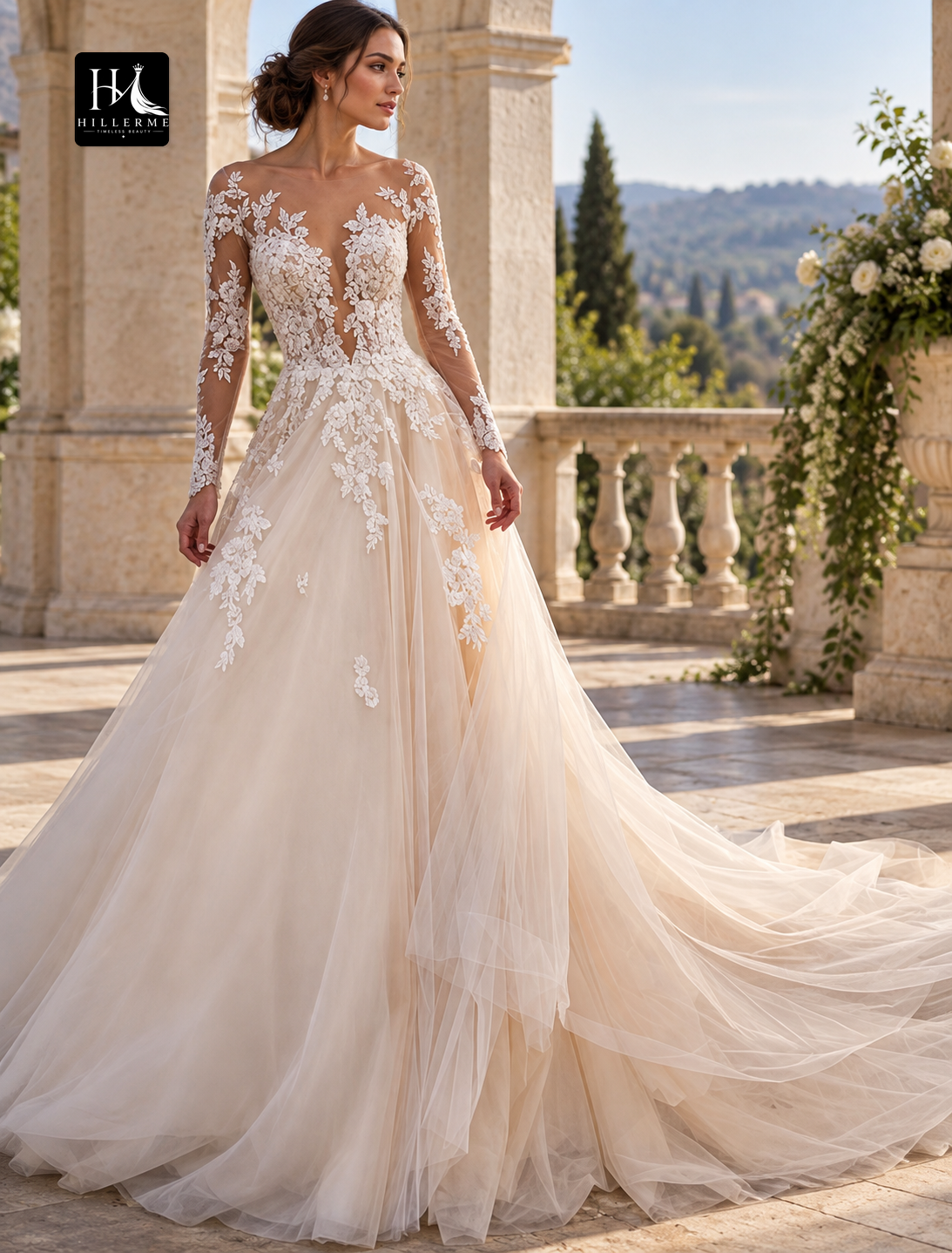 A-Line Illusion Neck Long Sleeve Lace Beach Wedding Dress with Open Back and Appliques