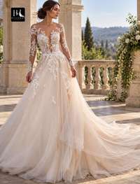 A-Line Illusion Neck Long Sleeve Lace Beach Wedding Dress with Open Back and Appliques