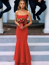 Floor-length sheath stretch crepe prom dress with spaghetti straps and layers