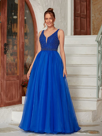 A-line princess organza floor-length dress with beading and V-neck