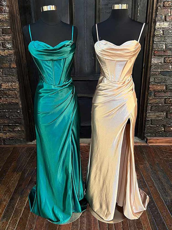 Sheath pleated silk-like satin prom dress with spaghetti straps