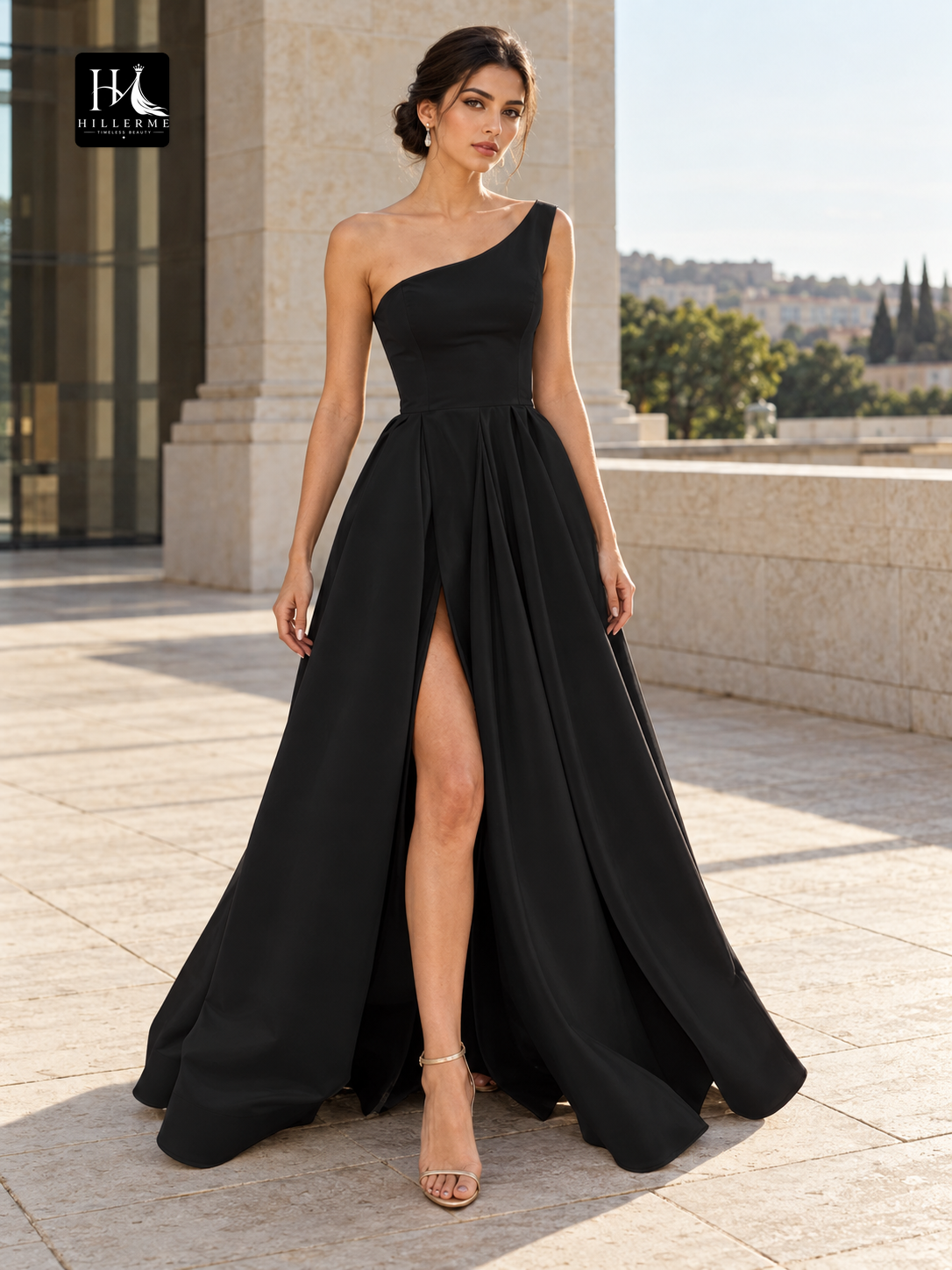 One-Shoulder Ruffled Satin A-Line Floor-Length Prom Dress
