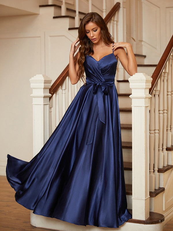 A-line V-neck sleeveless silk-like satin floor-length dress with ruffles