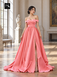 Off-the-Shoulder A-Line Satin Prom Dress with Ruffles and Court Train