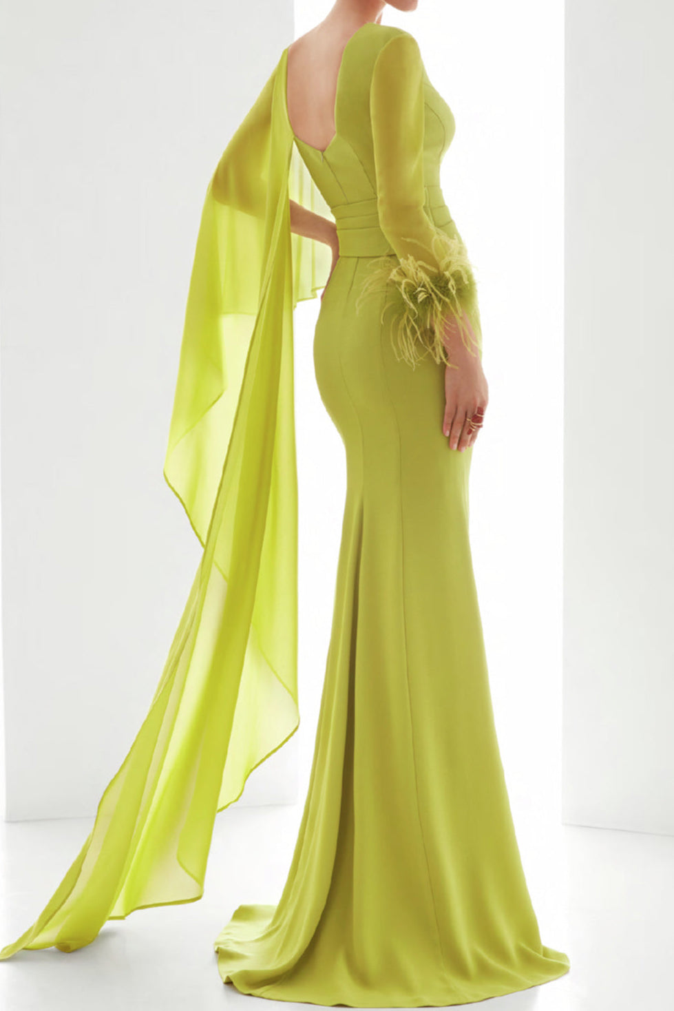 V-Neck Long-Sleeve Chiffon Mermaid Floor-Length Mother of the Bride Gown with Pleated Skirt