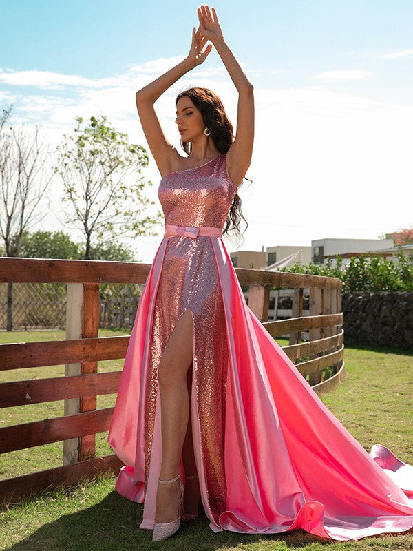 Sequin elastic woven satin one-shoulder sleeveless prom dress with sweep train