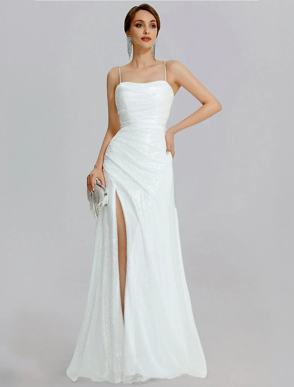 Ivory sleeveless cowl neck sequined mermaid prom dress with ruched slit