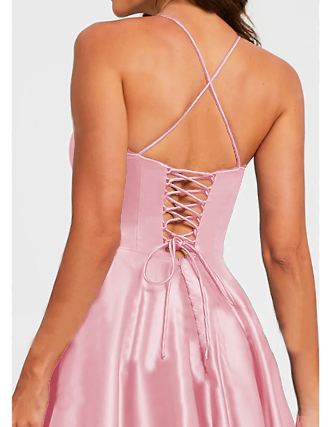 Backless view of A-line stretch satin floor-length prom dress with ruched pleats