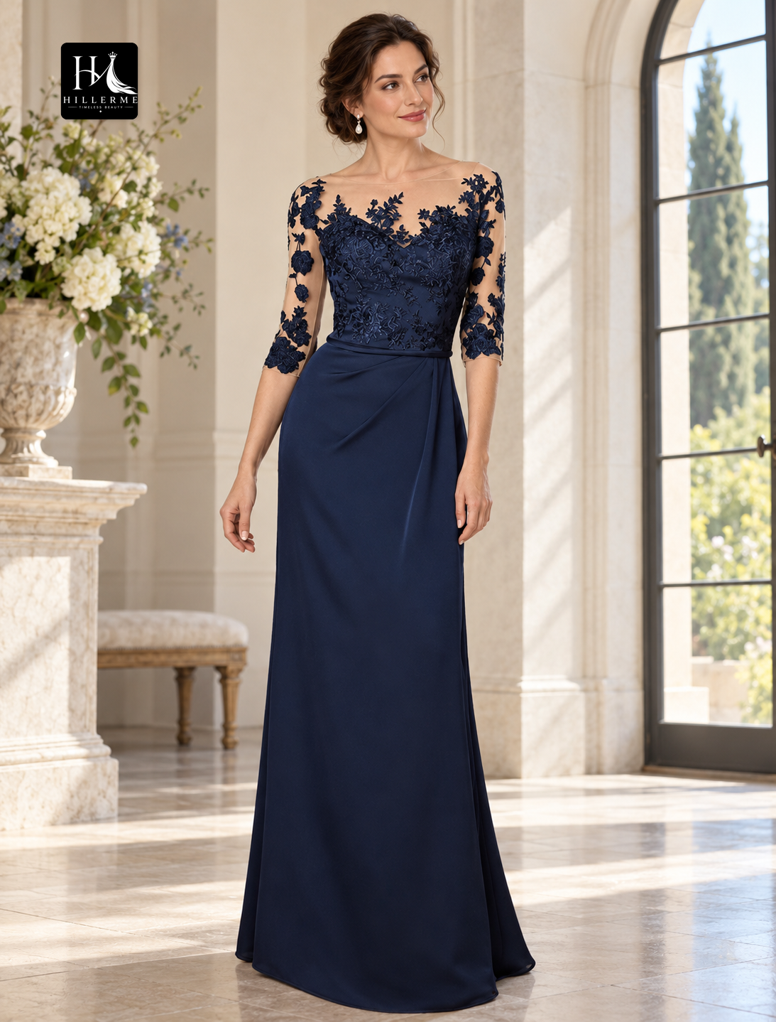 Sheath Jewel Neck Floor-Length Chiffon Mother of the Bride Dress with 3/4 Sleeves and Appliques
